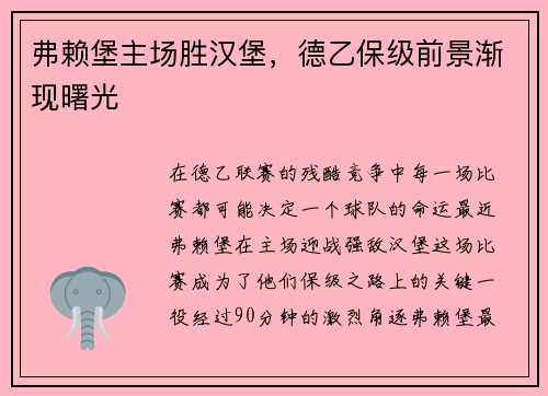 弗赖堡主场胜汉堡，德乙保级前景渐现曙光